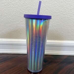 Starbucks Iridescent Rainbow Tumbler Purple Lid Straw 24oz Cold‎ Cup BPA Free